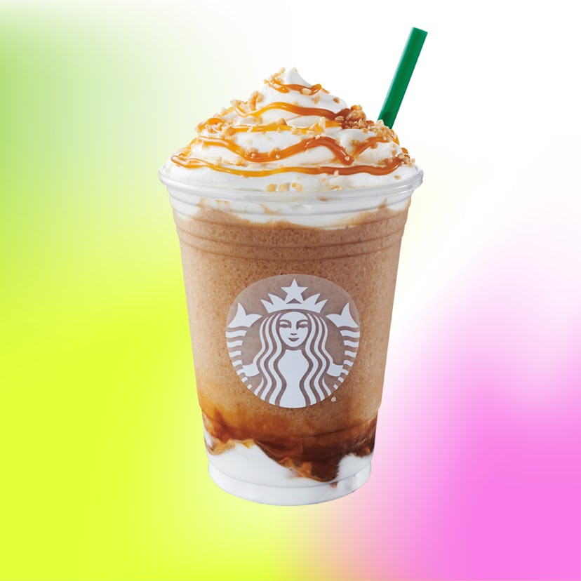 Starbucks’ Caramel Ribbon Crunch Frappuccino blends rich and buttery caramel syrup with coffee and m...