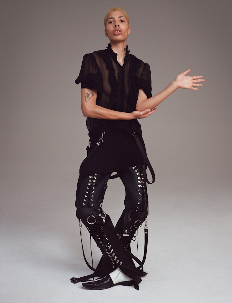 Model Kai-Isaiah Jamal wears an Alberta Ferretti blouse; Robert Wun pants; vintage Comme des Garçons...
