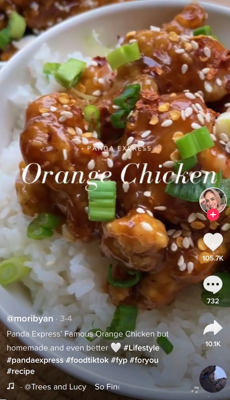 A plate of Panda Express-inspired orange chicken from TikTok sits on a table. 