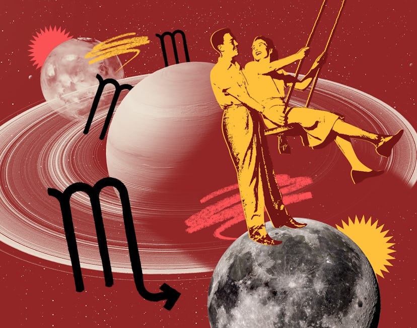 Man pushing a woman on a swing, looking at her lovingly with the Scorpio signs and planets around th...