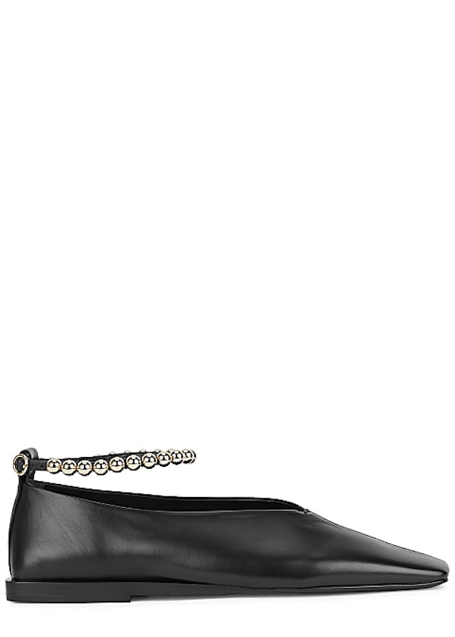 Black bead-embellished leather flats