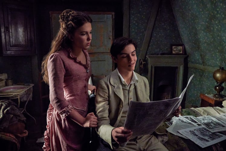 Millie Bobby Brown as Enola Holmes and Louis Partridge as Tewkesbury in Enola Holmes