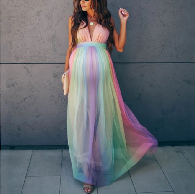 Maternity Rainbow Striped Maxi Dress