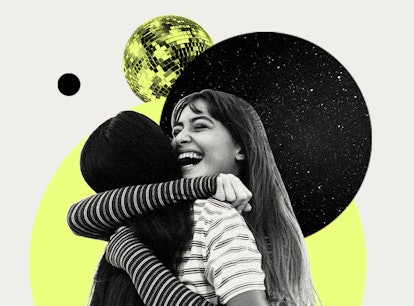 A black-white-yellow collage with two best friends hugging, a disco ball and a moon