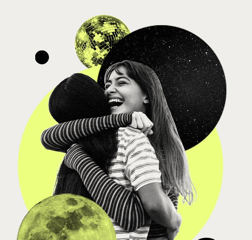 A black-white-yellow collage with two best friends hugging, a disco ball and a moon