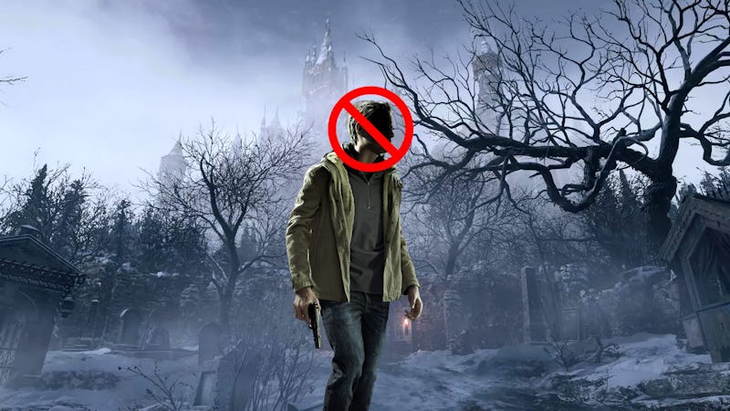 Resident Evil Village's Ethan Winter walking through the woods with his head crossed with a red sign
