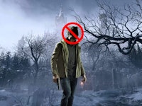 Resident Evil Village's Ethan Winter walking through the woods with his head crossed with a red sign
