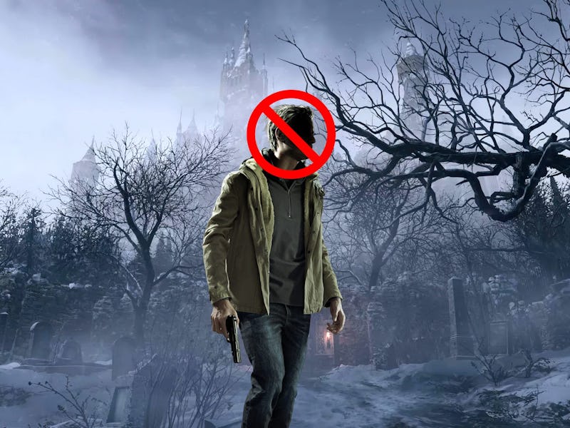 Resident Evil Village's Ethan Winter walking through the woods with his head crossed with a red sign
