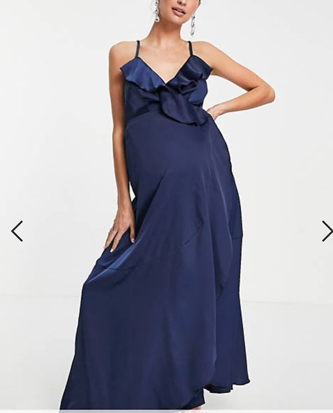 Little Mistress Maternity ruffle wrap midaxi satin dress in navy