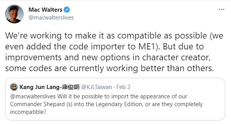 Mac Walters's tweet explaining Mass Effect Legendary Edition face codes