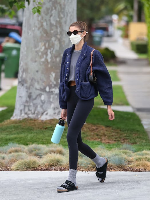 Kaia Gerber wearing Birkenstocks. 