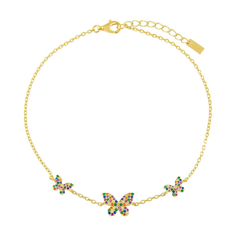 Pavé Rainbow Triple Butterfly Anklet