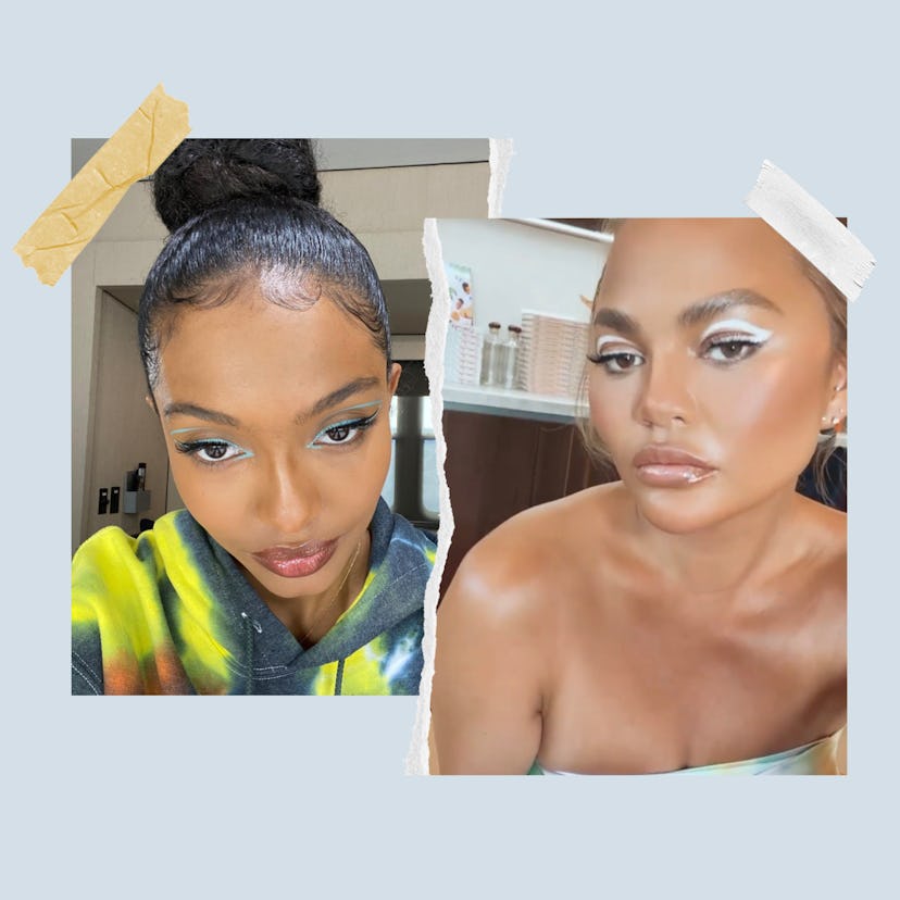 Yara Shahidi and Chrissy Teigen both wearing graphic eyeliner.