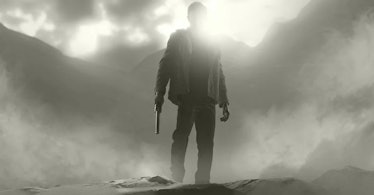 Resident Evil Village promo art of Ethan Winters standing in fog