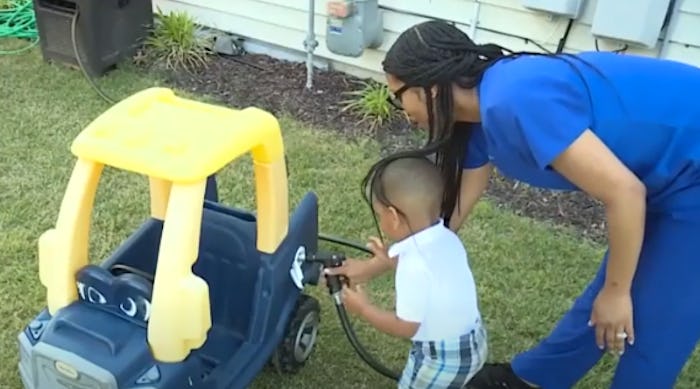 A 2-year-old filled his toy car with "gas."