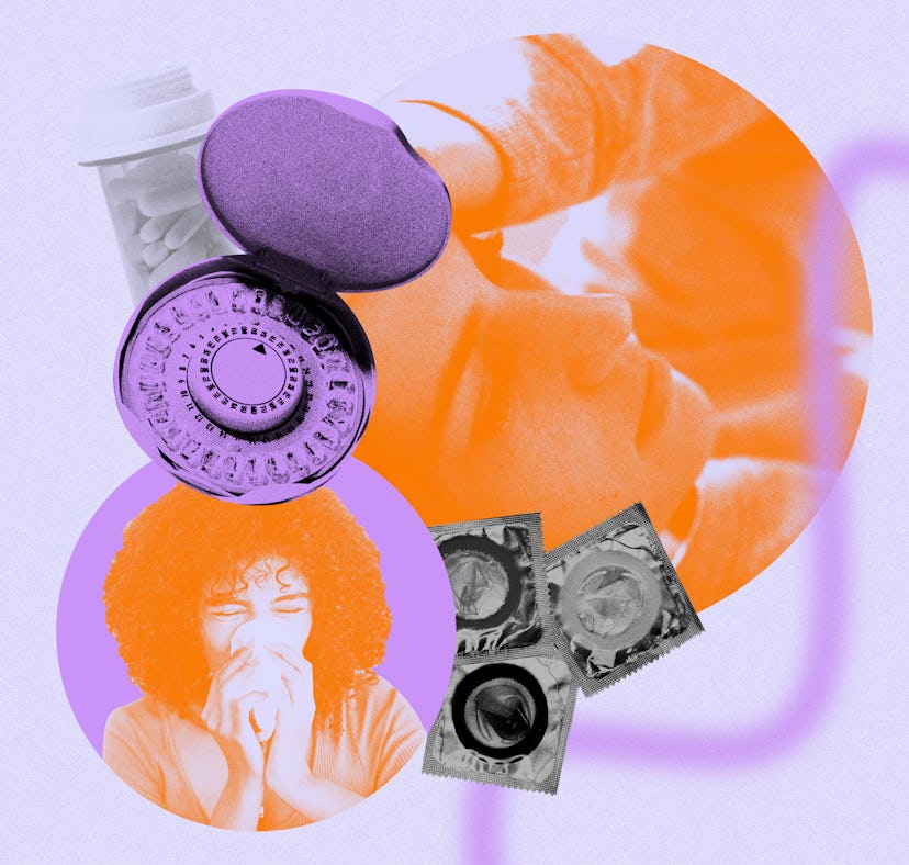 Collage of a girl blowing her nose, condom packages, and a woman holding her head with her hands