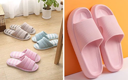 Two side-by-side photos of two of the best slippers for sweaty feet.