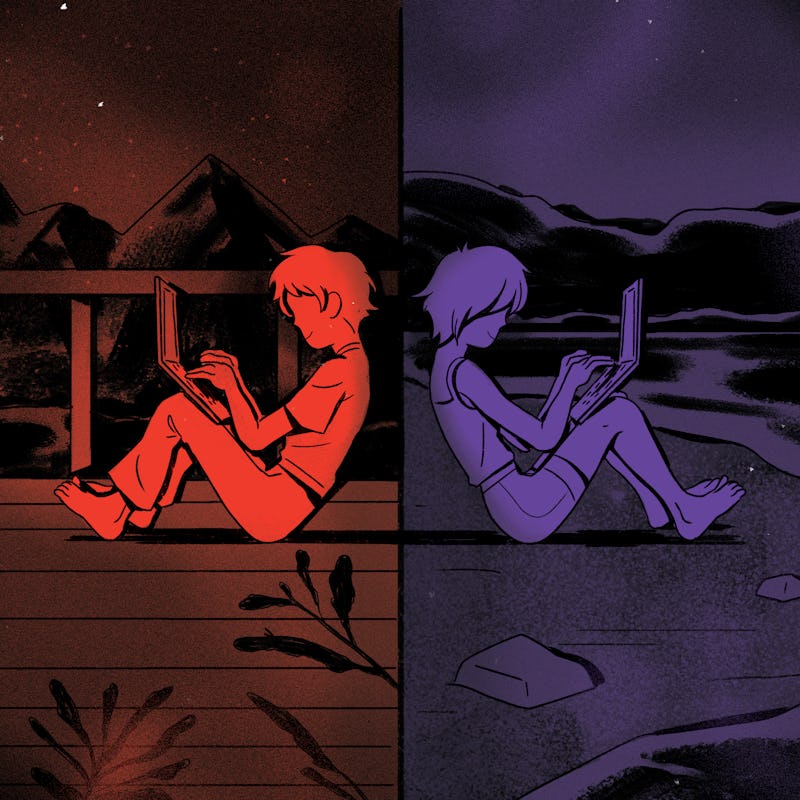 Cartoony illustration of a couple chatting on laptops while sitting