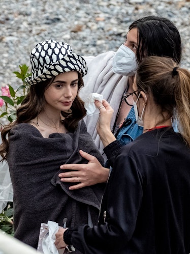 Lily Collins on the set of Emily in Paris