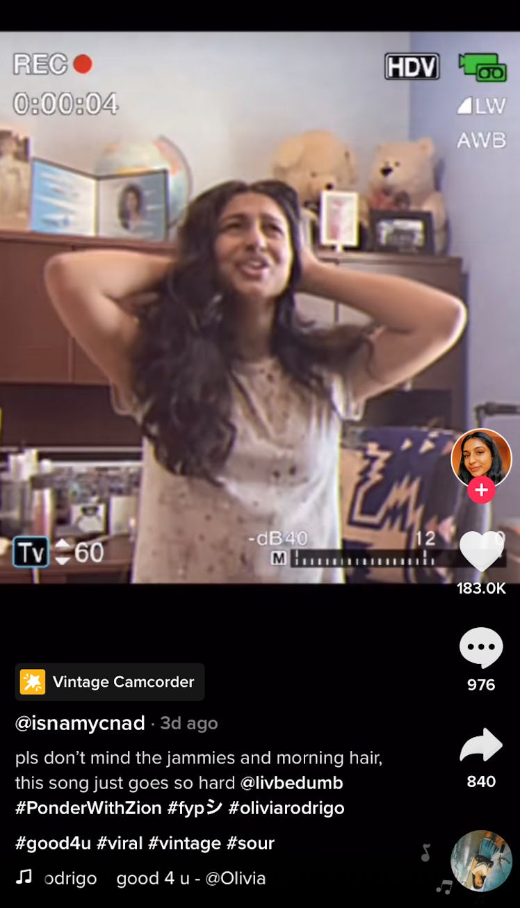 A TikToker uses the "Vintage Camcorder" effect to do Olivia Rodrigo's "Good 4 U" TikTok challenge. 