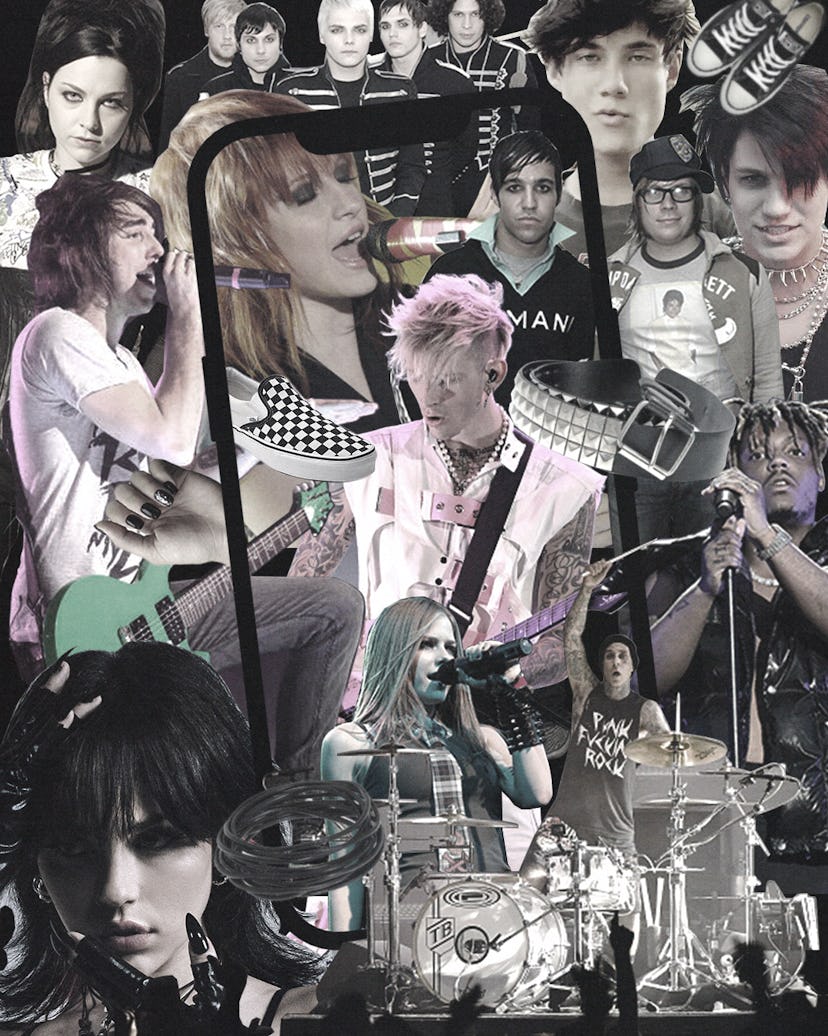 A collage of Emo artists, as well as Gen Z's who are Emo now and various Emo accessories