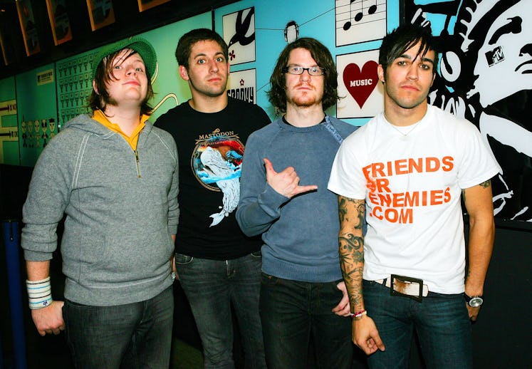 Members of the Emo band Fall Out Boy posing backstage at MTV's Total Request Live at the MTV Times S...