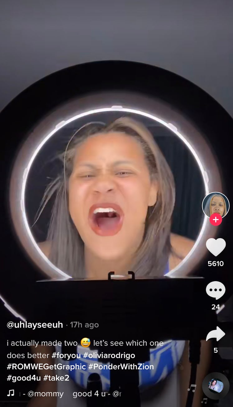 A TikToker does Olivia Rodrigo's "Good 4 U" TikTok challenge with a ring light. 