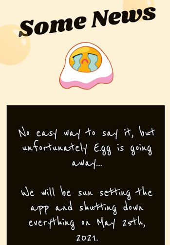 A message from the E.gg team to users notifying them that the app is shutting down.