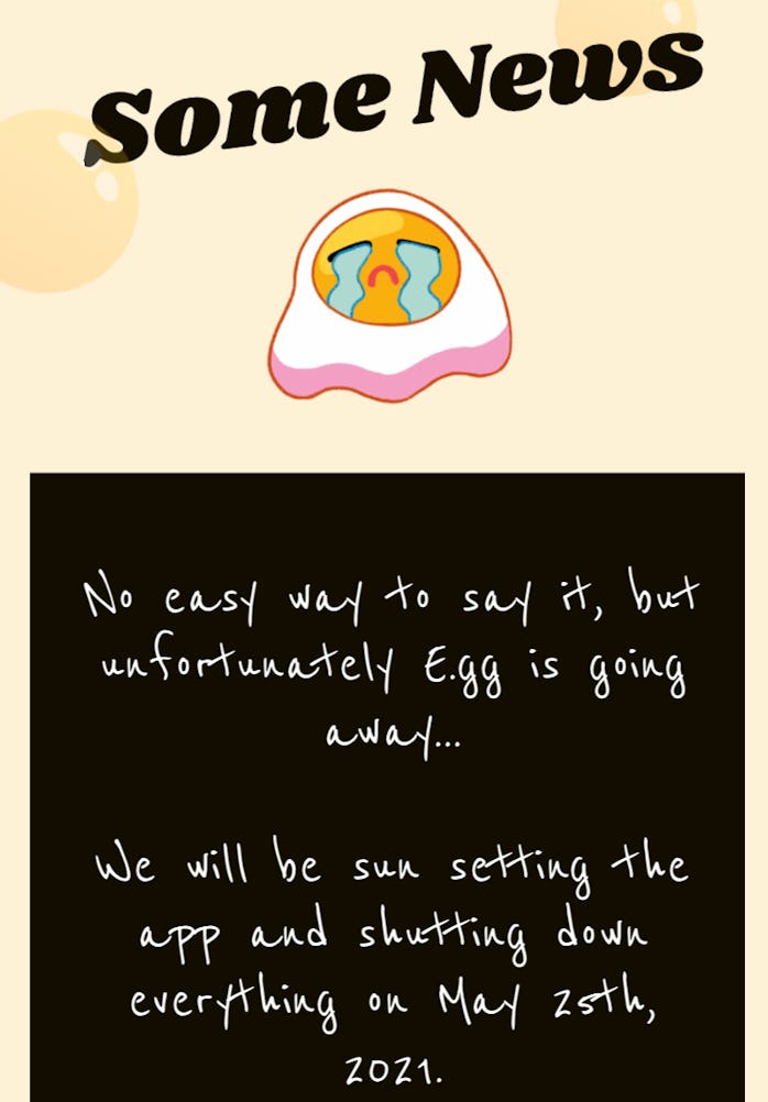 A message from the E.gg team to users notifying them that the app is shutting down.