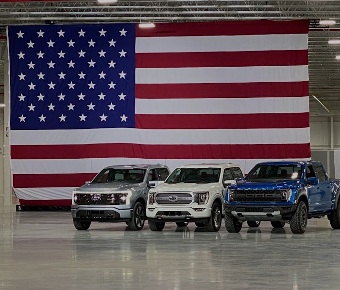 Ford's all-electric F-150 pickup truck is seen at a Biden press event.