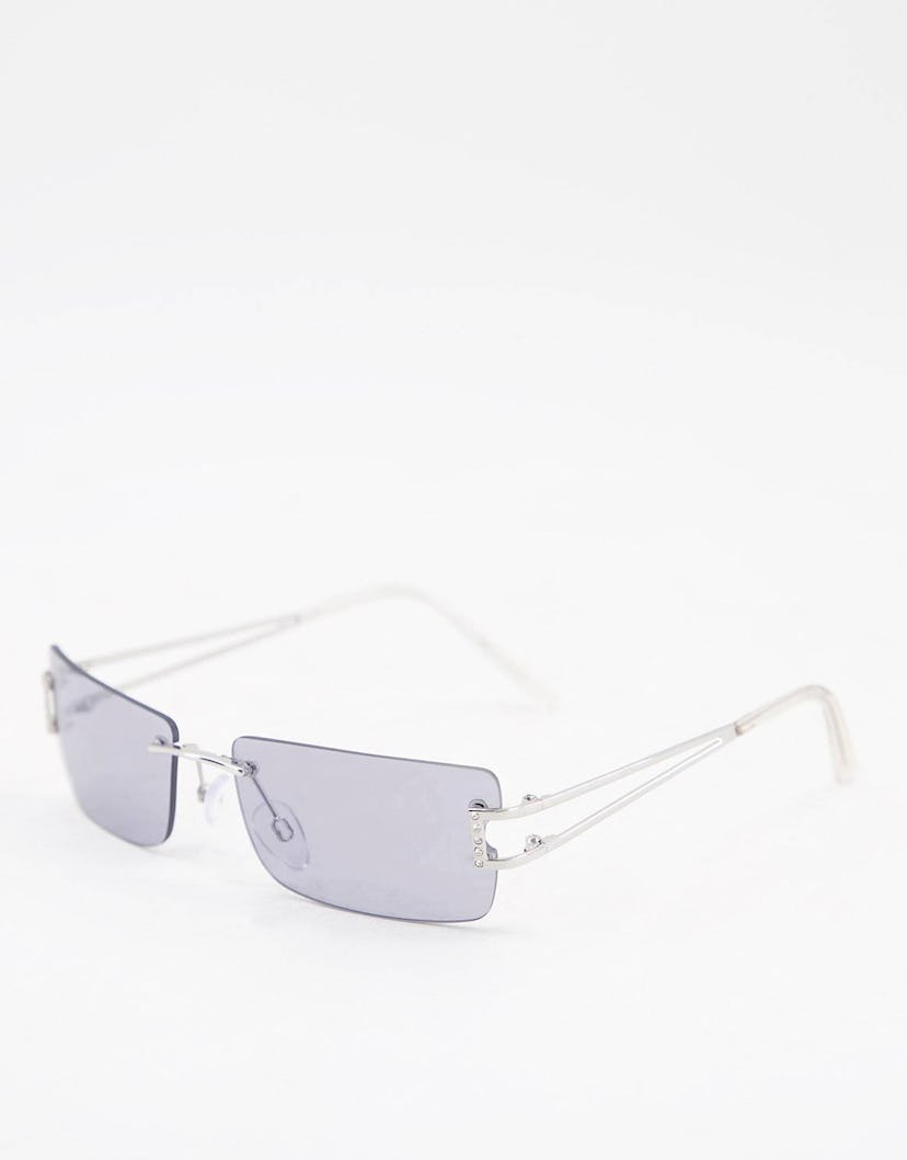 Rimless '90s Square Sunglasses With Diamante Side Cut Out Detail In Silver