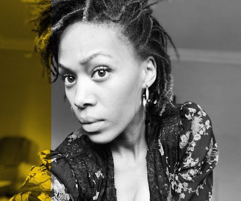 A black-white selfie of Nicole Beharie who shares her favorite hair care products and curl maintenan...