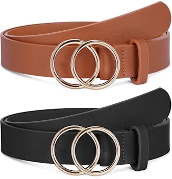 SANSTHS Leather Belts Faux Leather Belt With Double O-Ring Buckle (2-Pack)