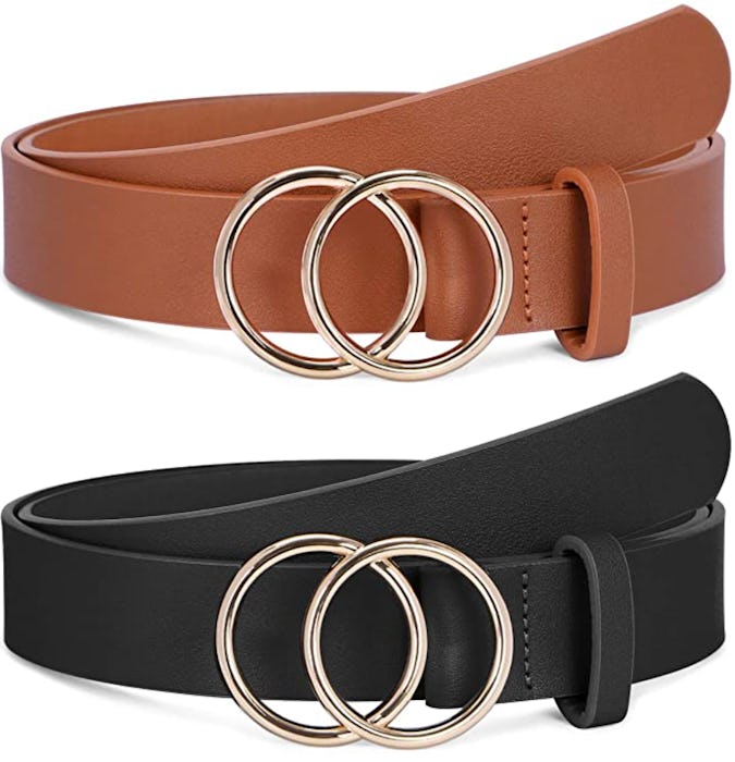 SANSTHS Leather Belts Faux Leather Belt With Double O-Ring Buckle (2-Pack)