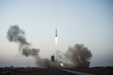 The rocket carrying Shenzhou-11 spaceship blasts off in Jiuquan Satellite Launch Center on October 1...