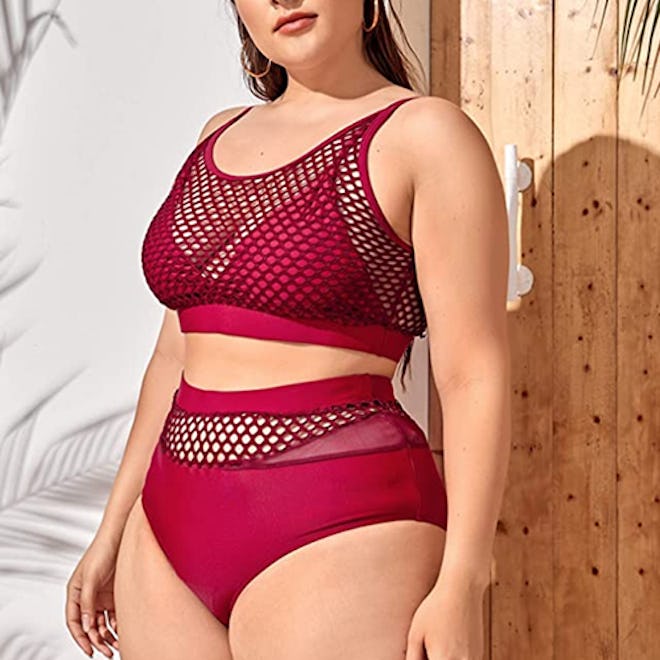 Floerns Plus Size Splice Fishnet High Waist Bikini