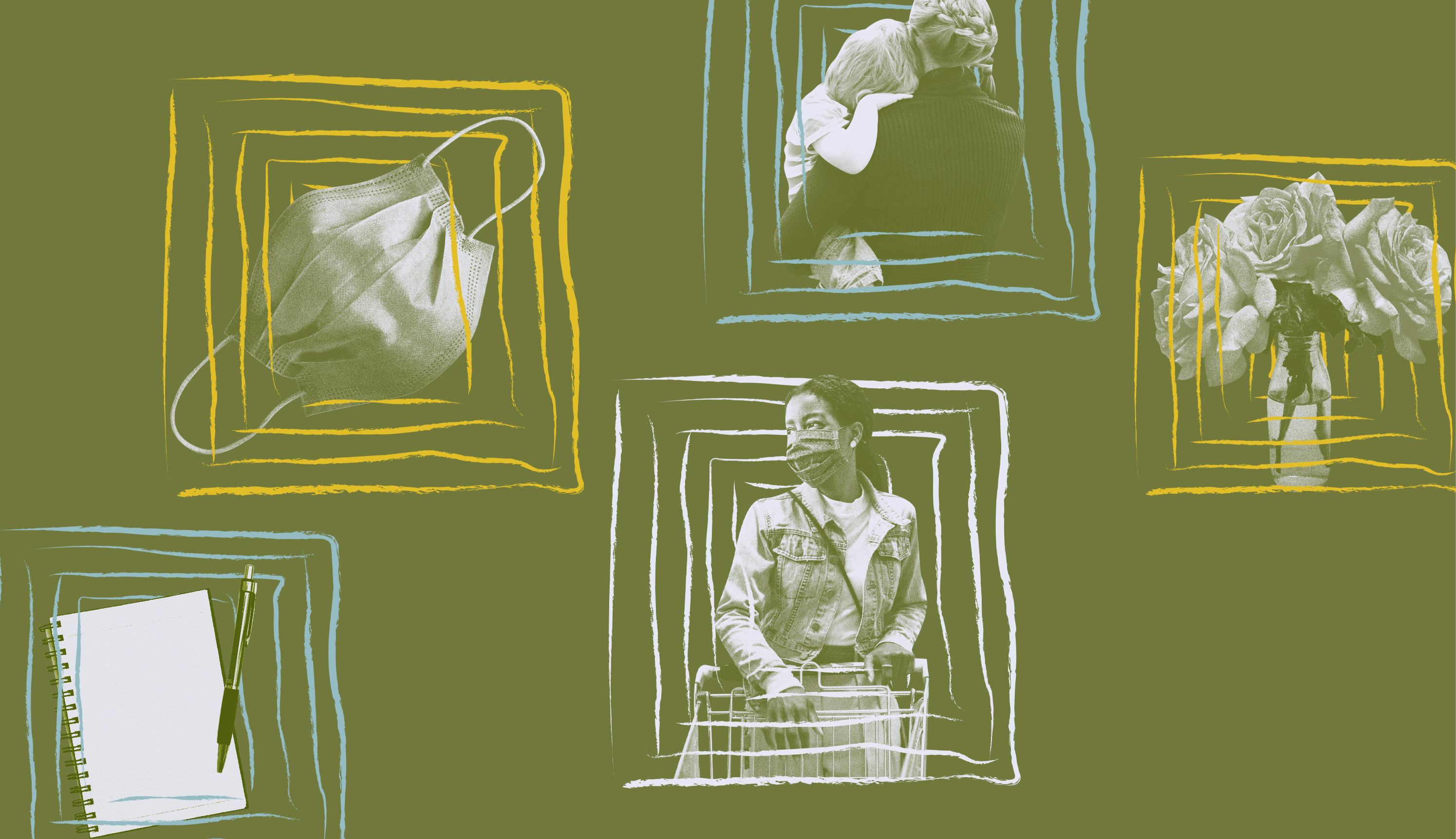 A collage of a woman in a mask, a bouquet, a surgical mask, a notebook and a parent carrying their k...