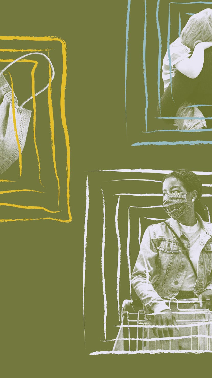 A collage of a woman in a mask, a bouquet, a surgical mask, a notebook and a parent carrying their k...