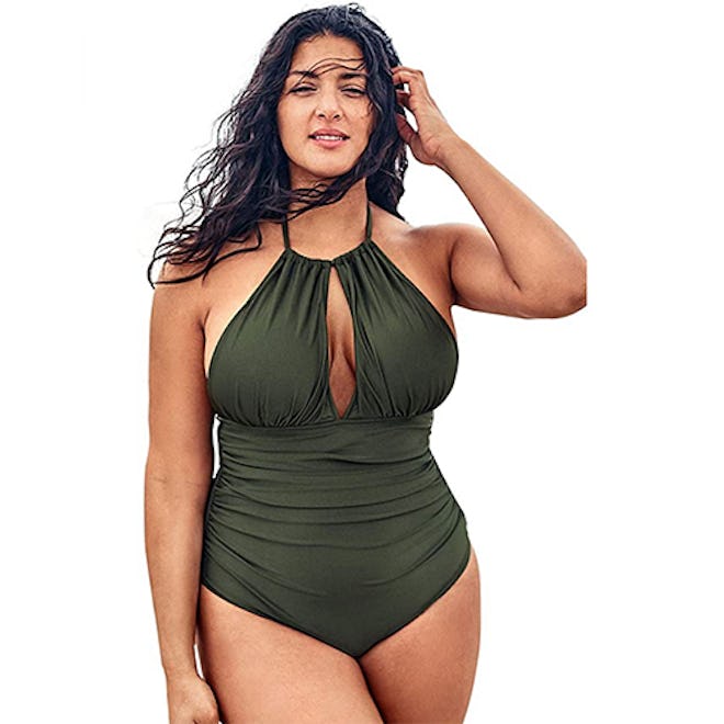 CUPSHE Plus-Size Shirred Halter One-Piece Swimsuit