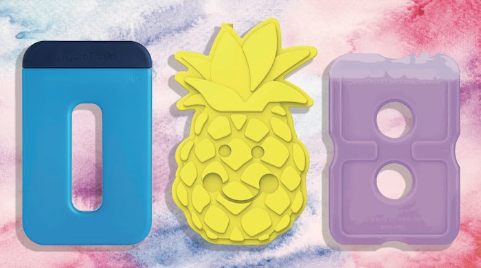 Three ice packs for lunch boxes in three different shapes and colors