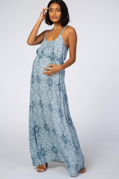 Blue Tribal Print Multi Strap Maternity Maxi Dress