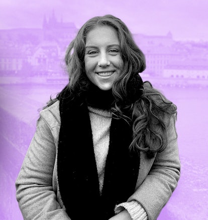 Libby Aik in a light sweater and dark scarf with a purple color-filtered background
