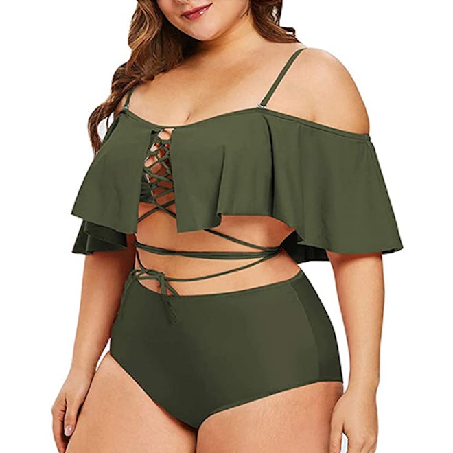 Sovoyontee Plus-Size Ruffled Lace-Up Two Piece Swimsuit