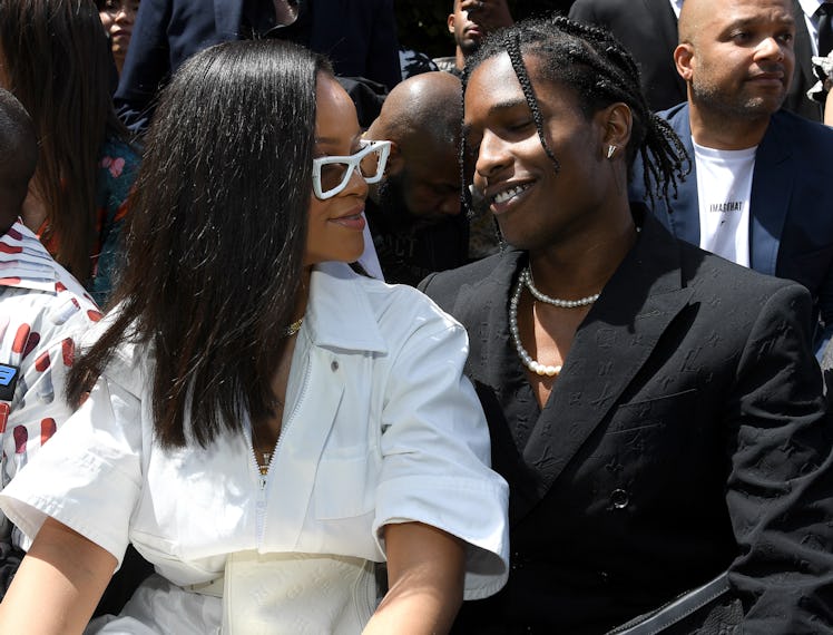 Rihanna and A$AP Rocky smiling at each other
