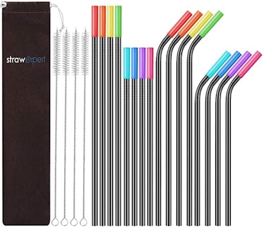 StrawExpert Reusable Metal Straws with Silicone Tip (16-Pack)