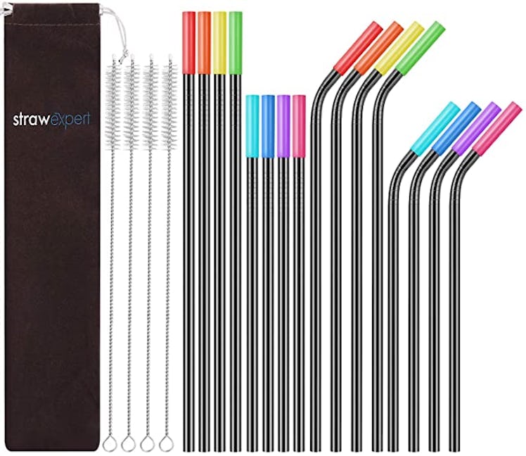 StrawExpert Reusable Metal Straws with Silicone Tip (16-Pack)