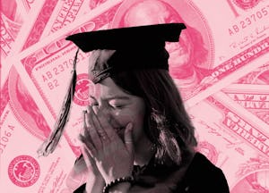 A college student, worried about student debt, stands superimposed in pink over images of money