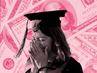 A college student, worried about student debt, stands superimposed in pink over images of money