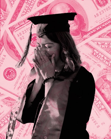 A college student, worried about student debt, stands superimposed in pink over images of money