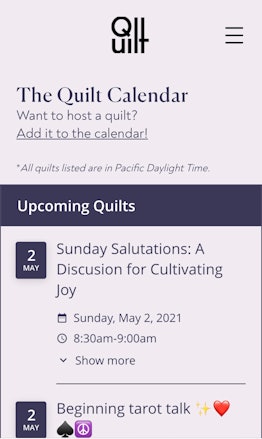 Picking a Quilt app discussion to join on the calendar page.